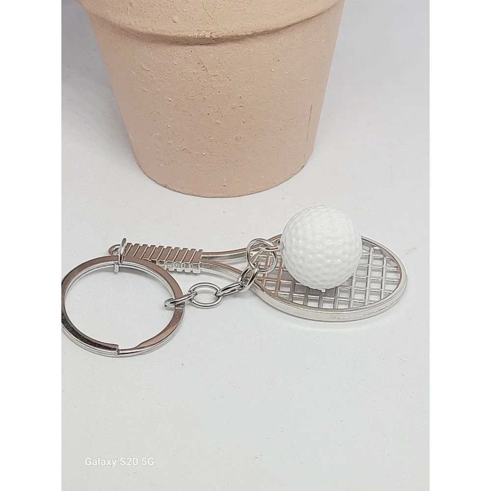 Handmade‎ White Ball Tennis Racket Keychain Silver Tone Women Sport Accessory
